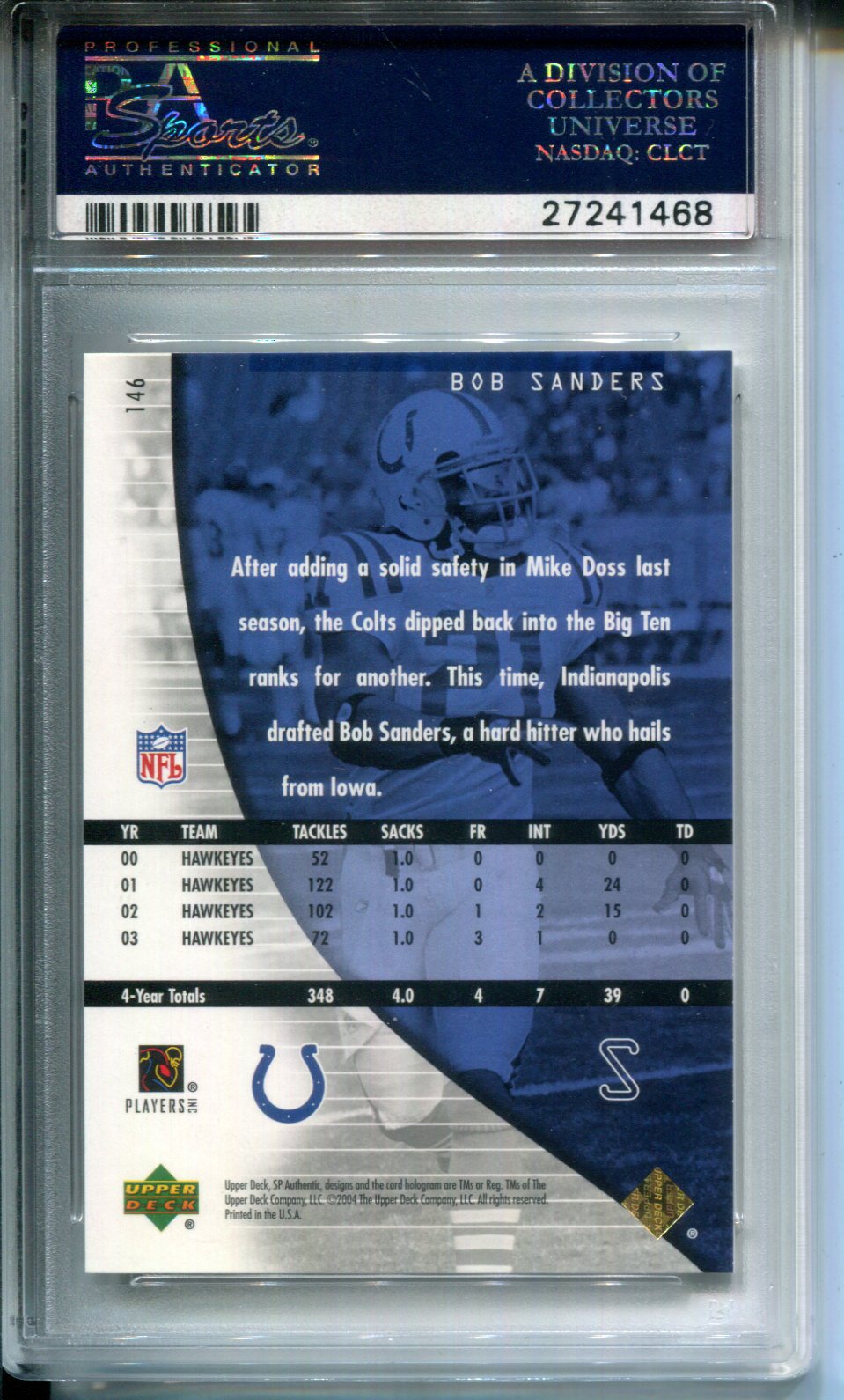 2004 SP Authentic Bob Sanders #146 Gold #45/50 Rookie PSA 10