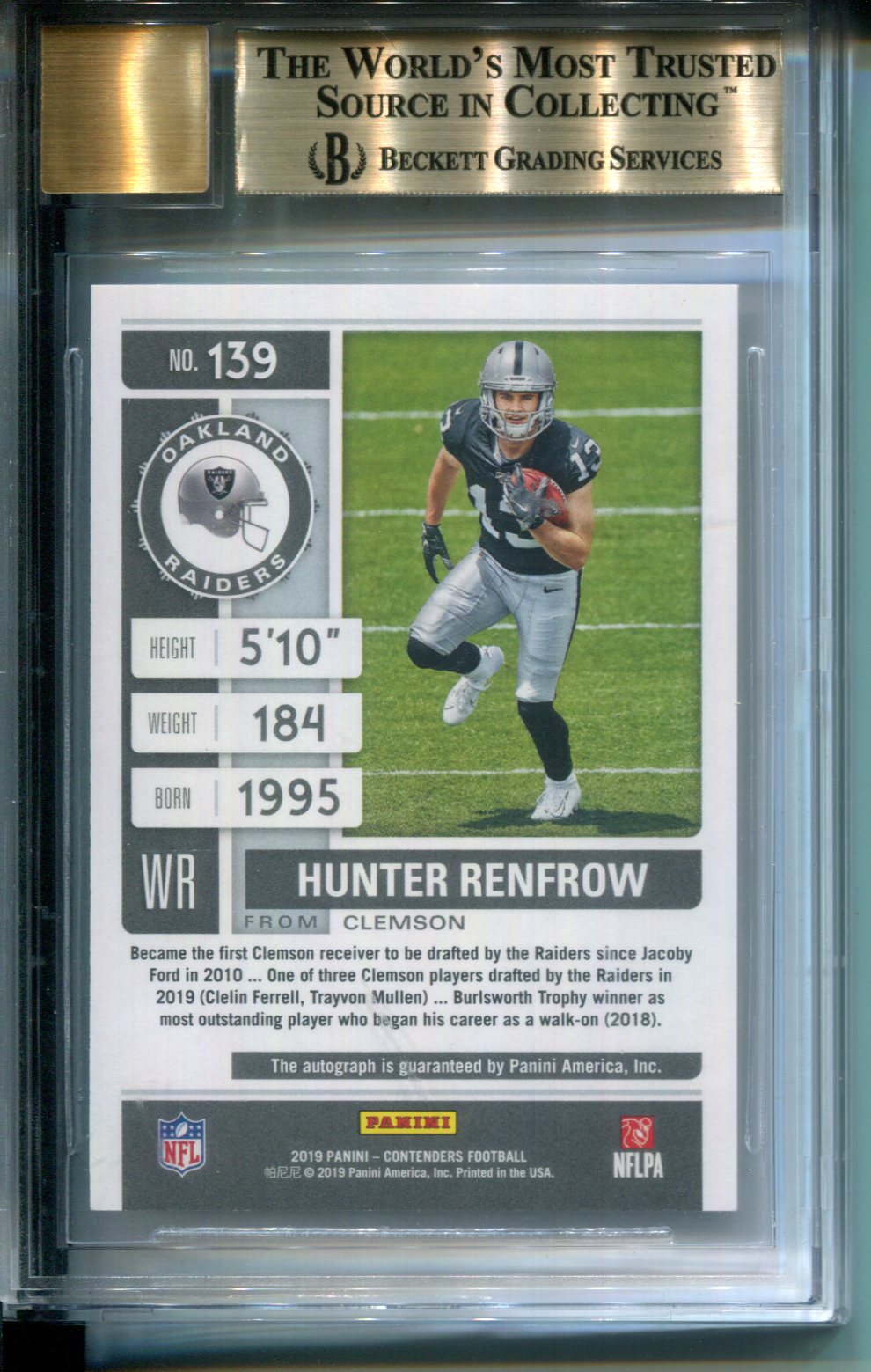 2019 Contenders Rookie Ticket Preview Green Hunter Renfrow AUTO #4/5 BGS 9.5