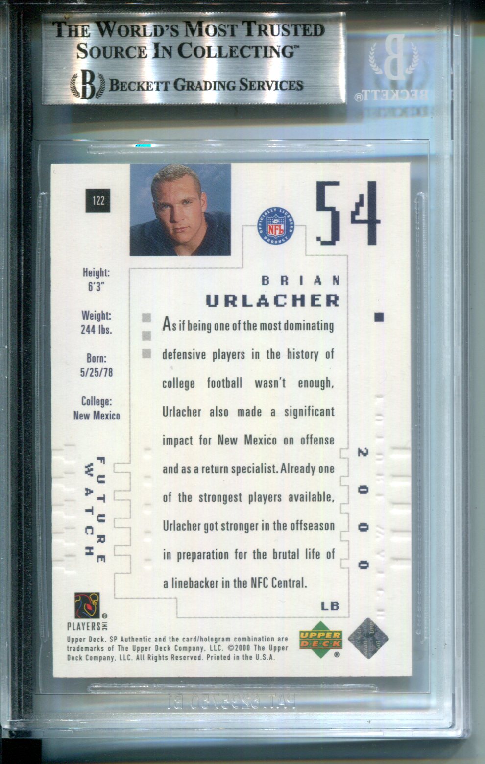 2000 SP Authentic Brian Urlacher RC #122 Missing Serial Number Rookie BGS 8.5