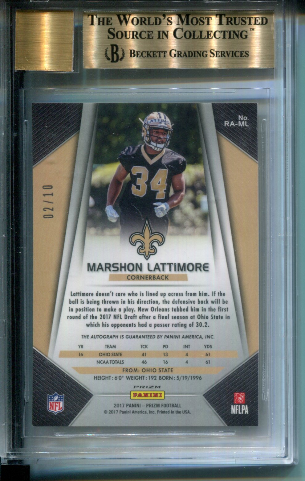 2017 Panini Prizm Rookie Gold Marshon Lattimore #RAML Rookie AUTO #2/10 BGS 9.5