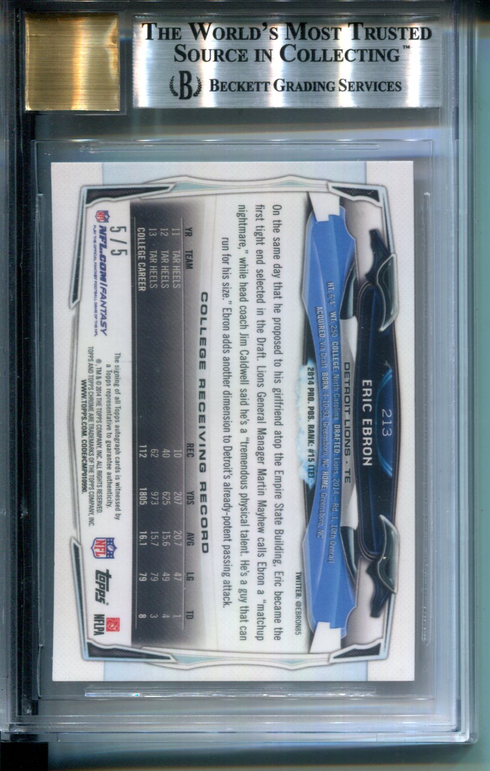 2014 Topps Chrome Rookie AUTO Red Refractor #5/5 Eric Ebron #213 BGS 9 POP 1