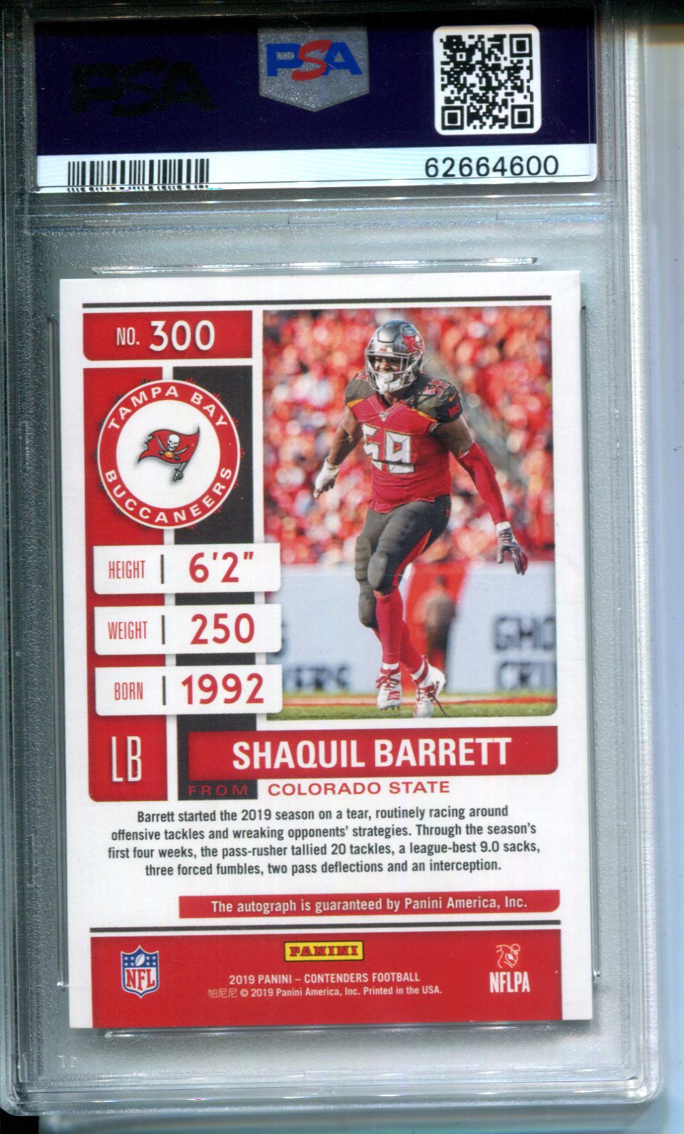 2019 Panini Contenders Shaquil Barrett #300 Cracked Ice #21/23 AUTO PSA 10