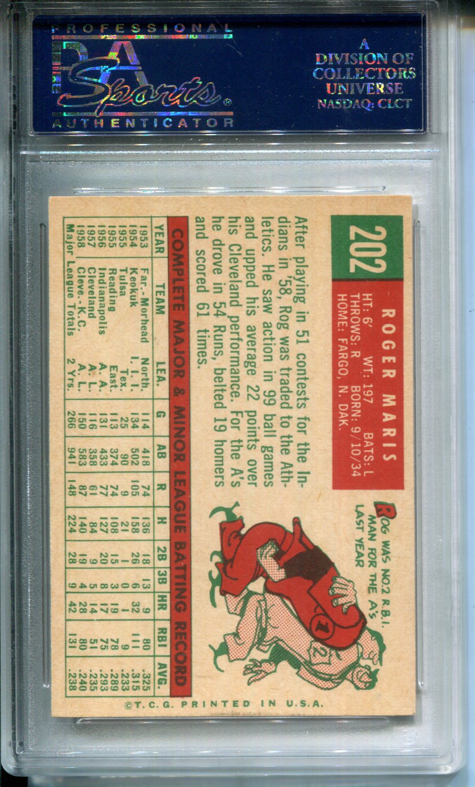 1959 Topps Roger Maris #202 White Back PSA 6