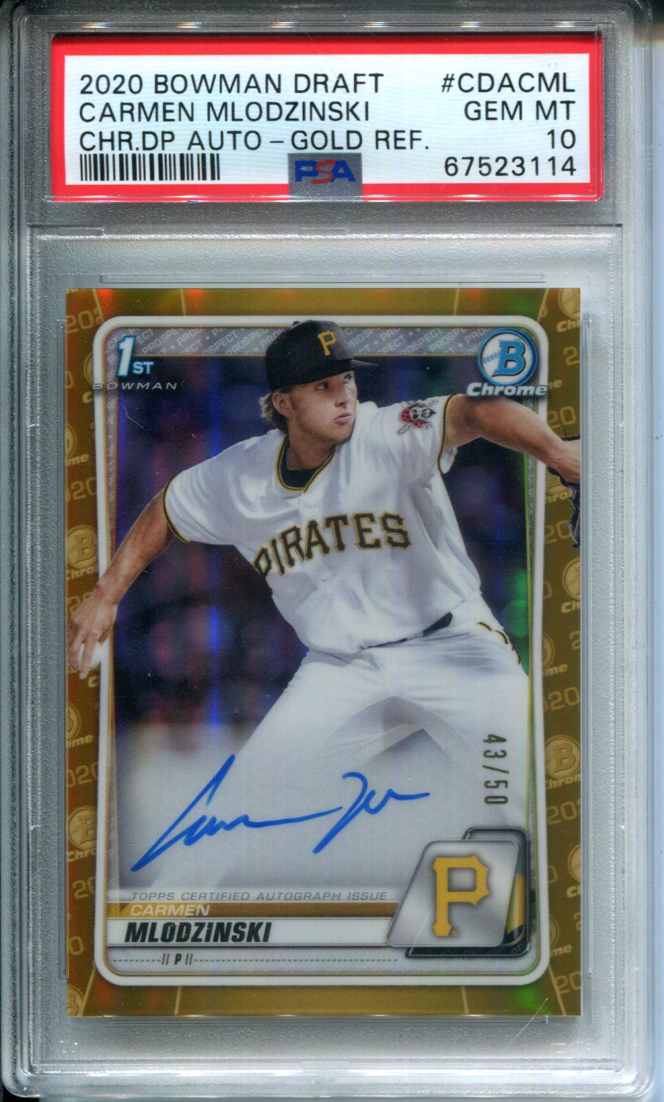 2020 Bowman Draft Chrome Carmen Mlodzinski Auto Gold Refractor #43/50 PSA 10