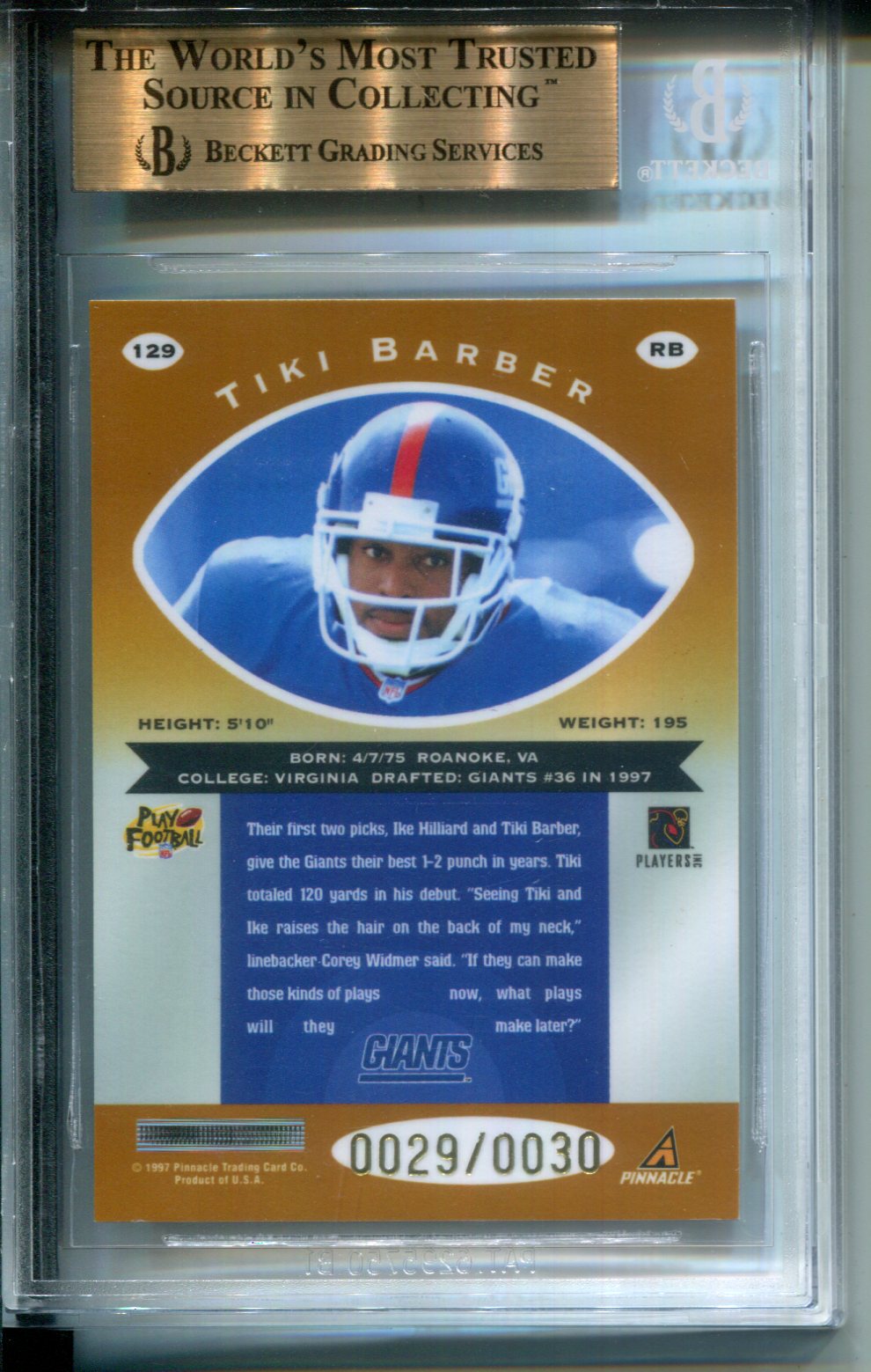 1997 Pinnacle Totally Certified Platinum Gold #29/30 Rookie Tiki Barber BGS 9.5