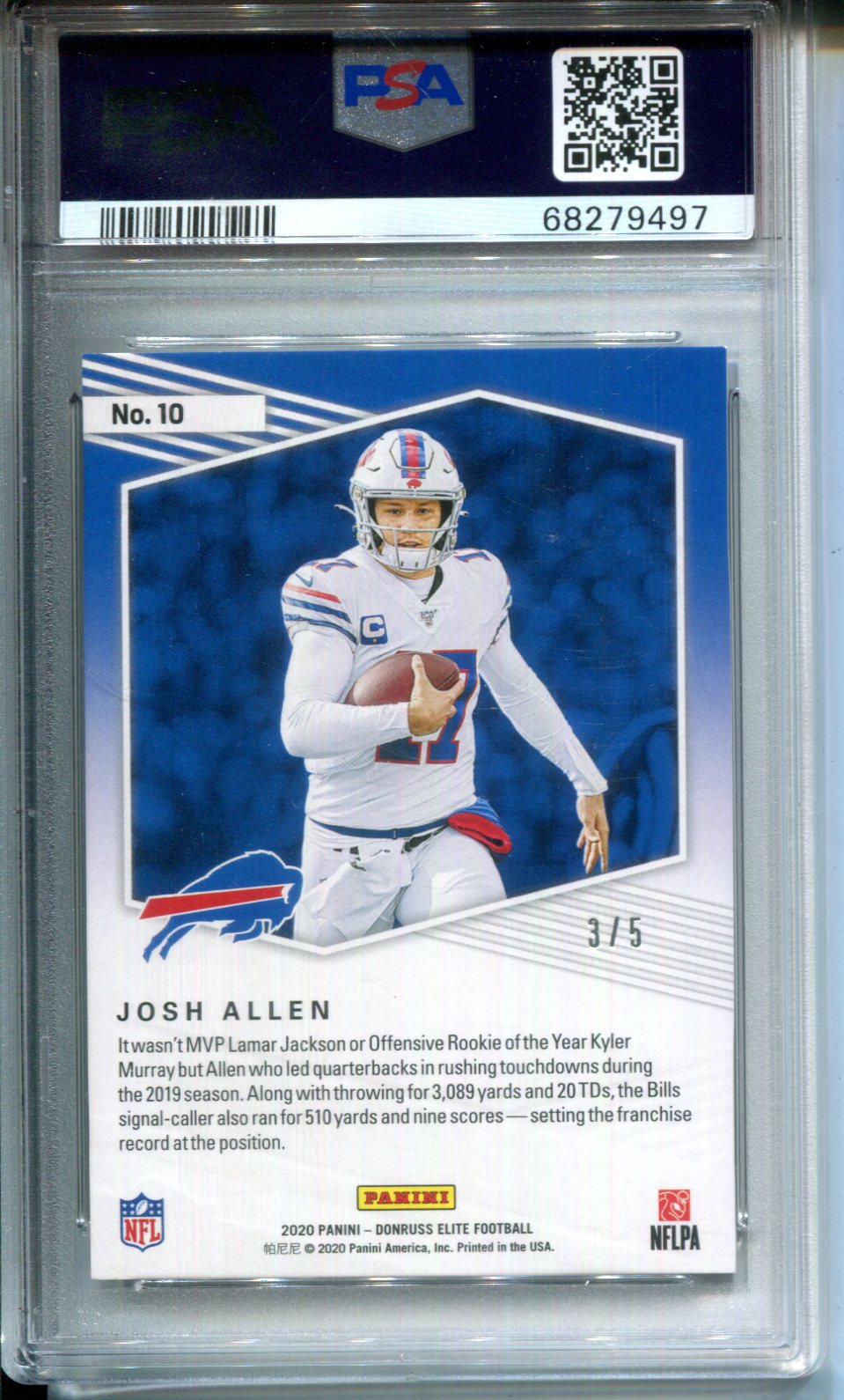 2020 Panini Donruss Elite Dual Threats Josh Allen Dual Threats Gold #3/5 PSA 9