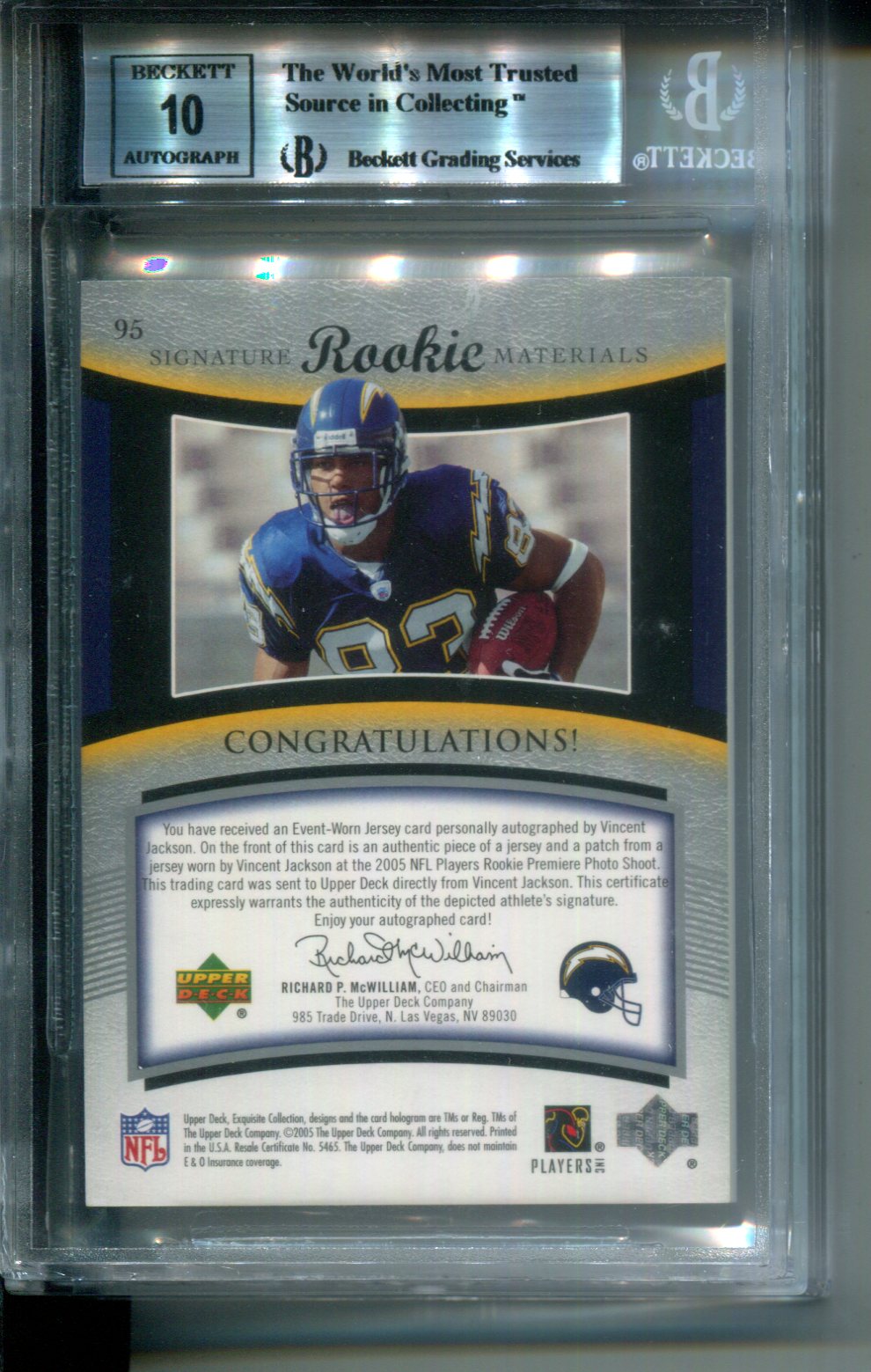 2005 Exquisite Rookie RPA AUTO Patch Holofoil #2/5 Vincent Jackson #95 BGS 9