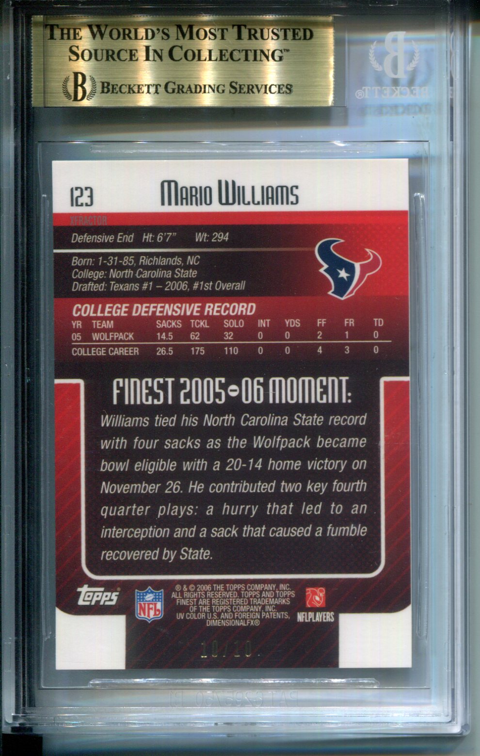 2006 Topps Finest Gold Xfractors #10/10 Rookie Mario Williams #123 BGS 9.5