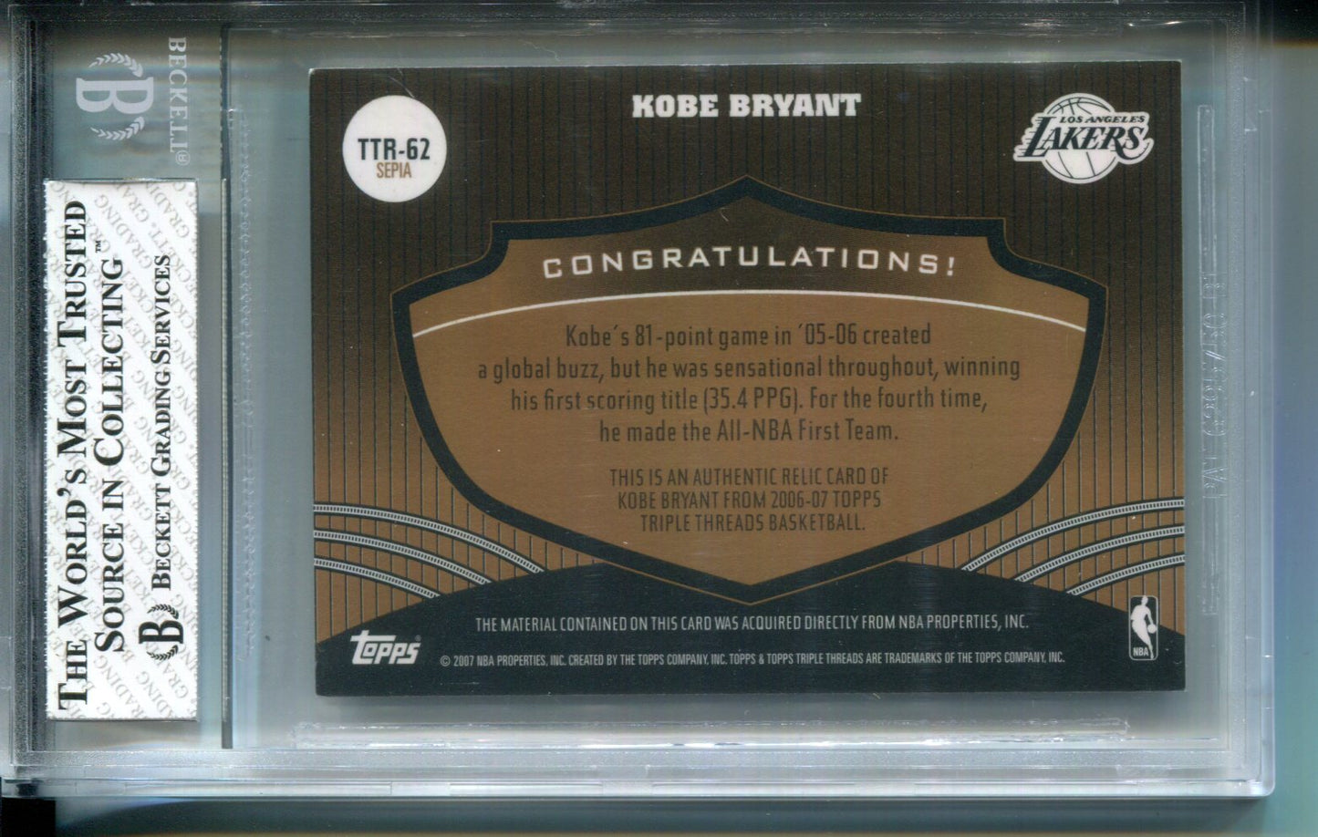 2006-07 Topps Triple Threads Sepia Kobe Bryant (Jersey Number) #24/27 BGS 8