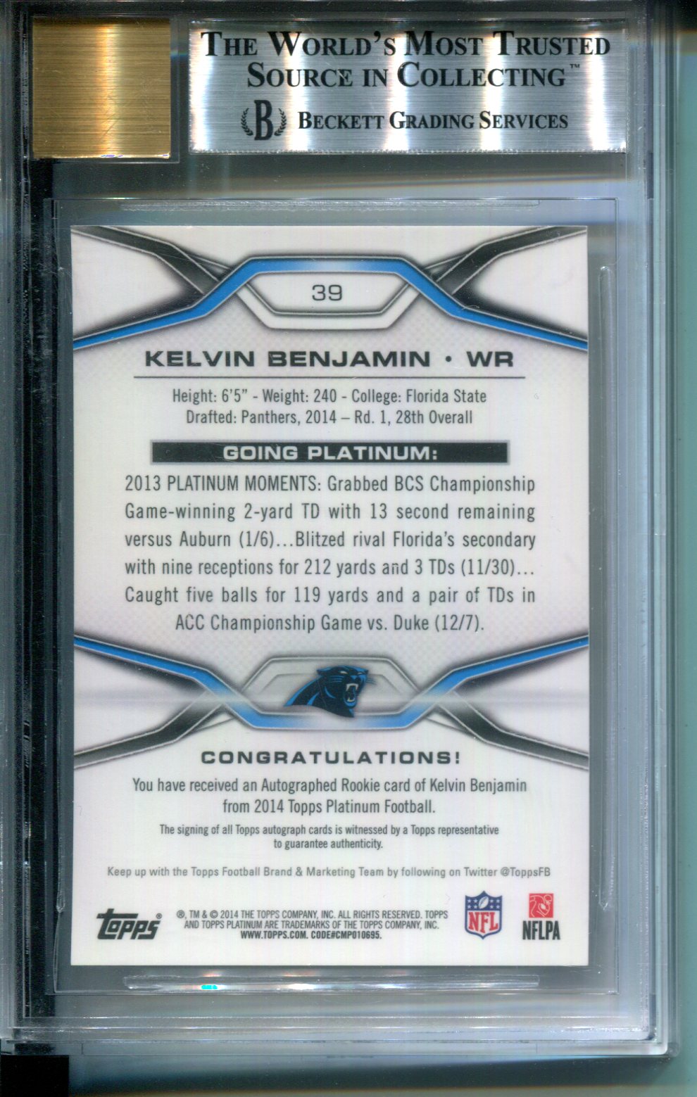 2014 Topps Platinum AUTO Gold Refractor #1/15 Kelvin Benjamin Rookie BGS 9