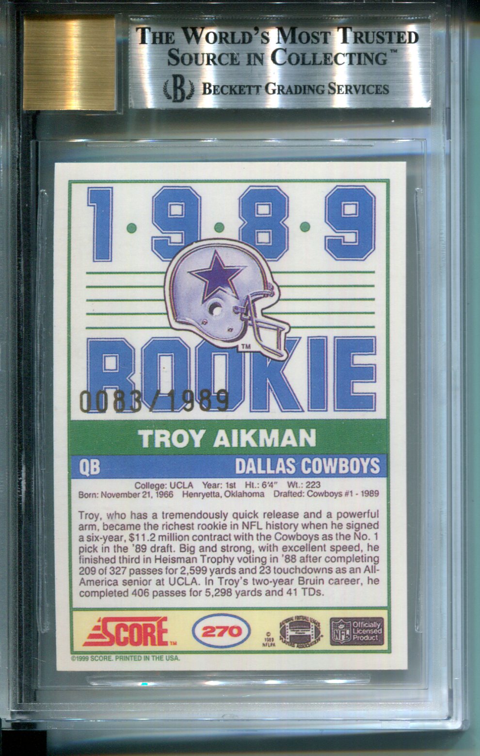 1999 Score 10th Anniv. Reprint 1989 Rookie Autograph AUTO Troy Aikman BGS 8.5