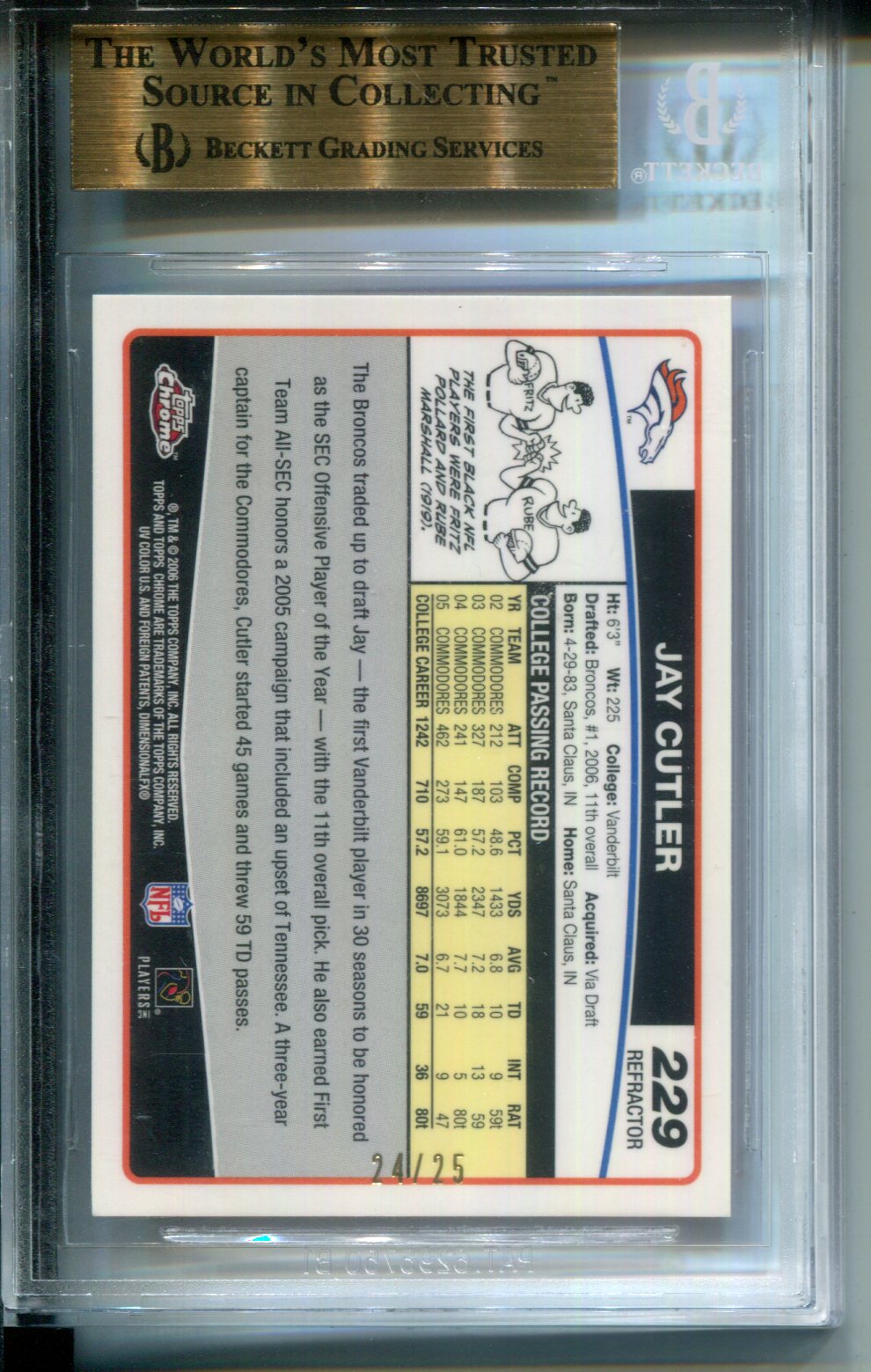 2006 Topps Chrome Red Refractor #24/25 Rookie Jay Cutler #229 BGS 9.5