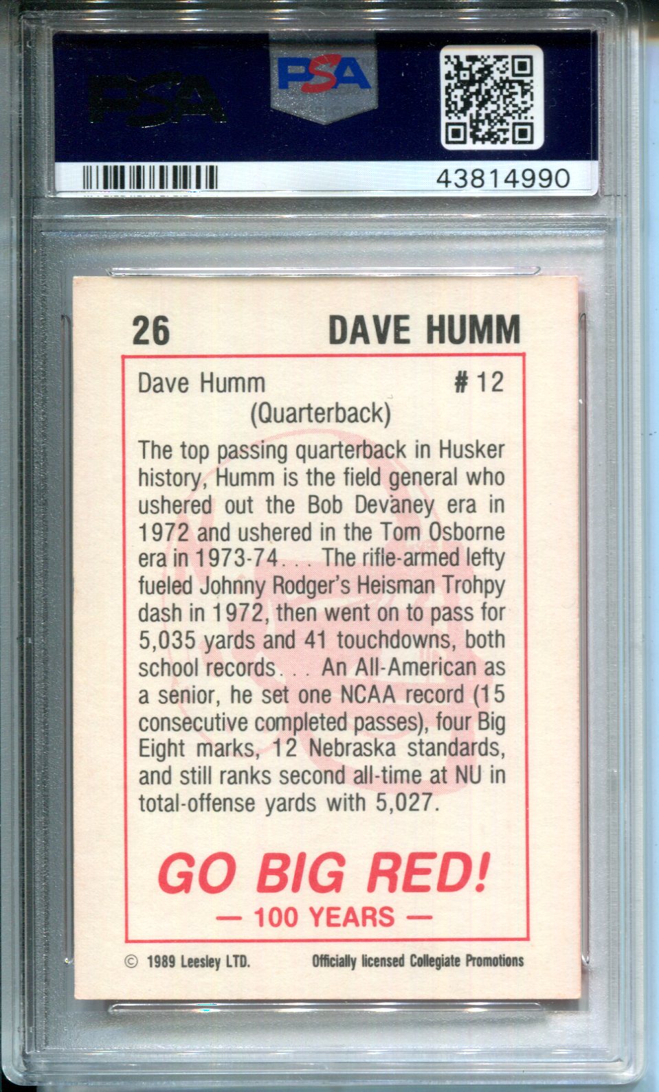 1989 Nebraska 100 Dave Humm #26 PSA DNA Authentic SIGNED Auto AUTOGRAPH