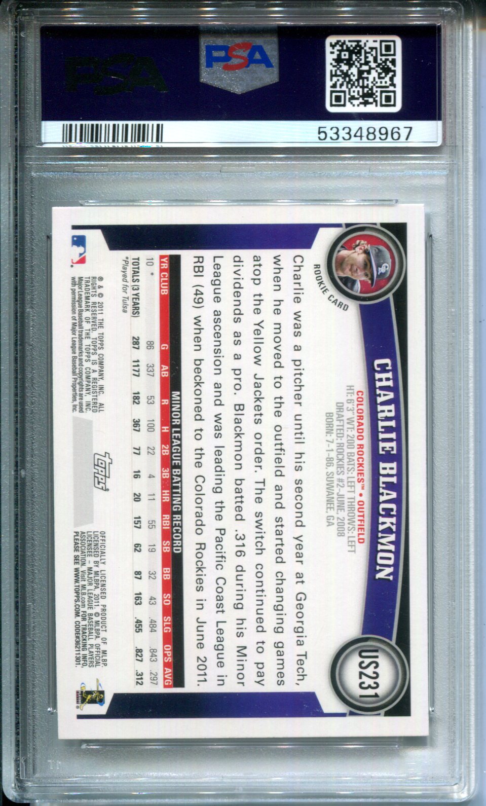 2011 Topps Update Charlie Blackmon #US231 Diamond Anniversary PSA 10 Rookie