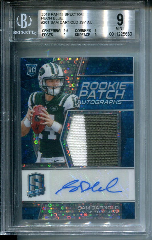 2018 Panini Spectra Neon Blue #/75 Sam Darnold Jersey AUTO #201 BGS 9