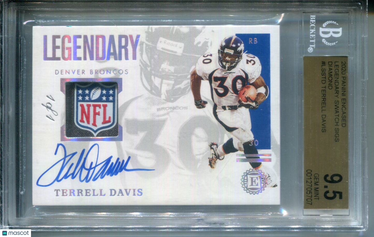 2020 Panini Encased Legendary Patch NFL SHIELD AUTO #1/1 Terrell Davis BGS 9.5
