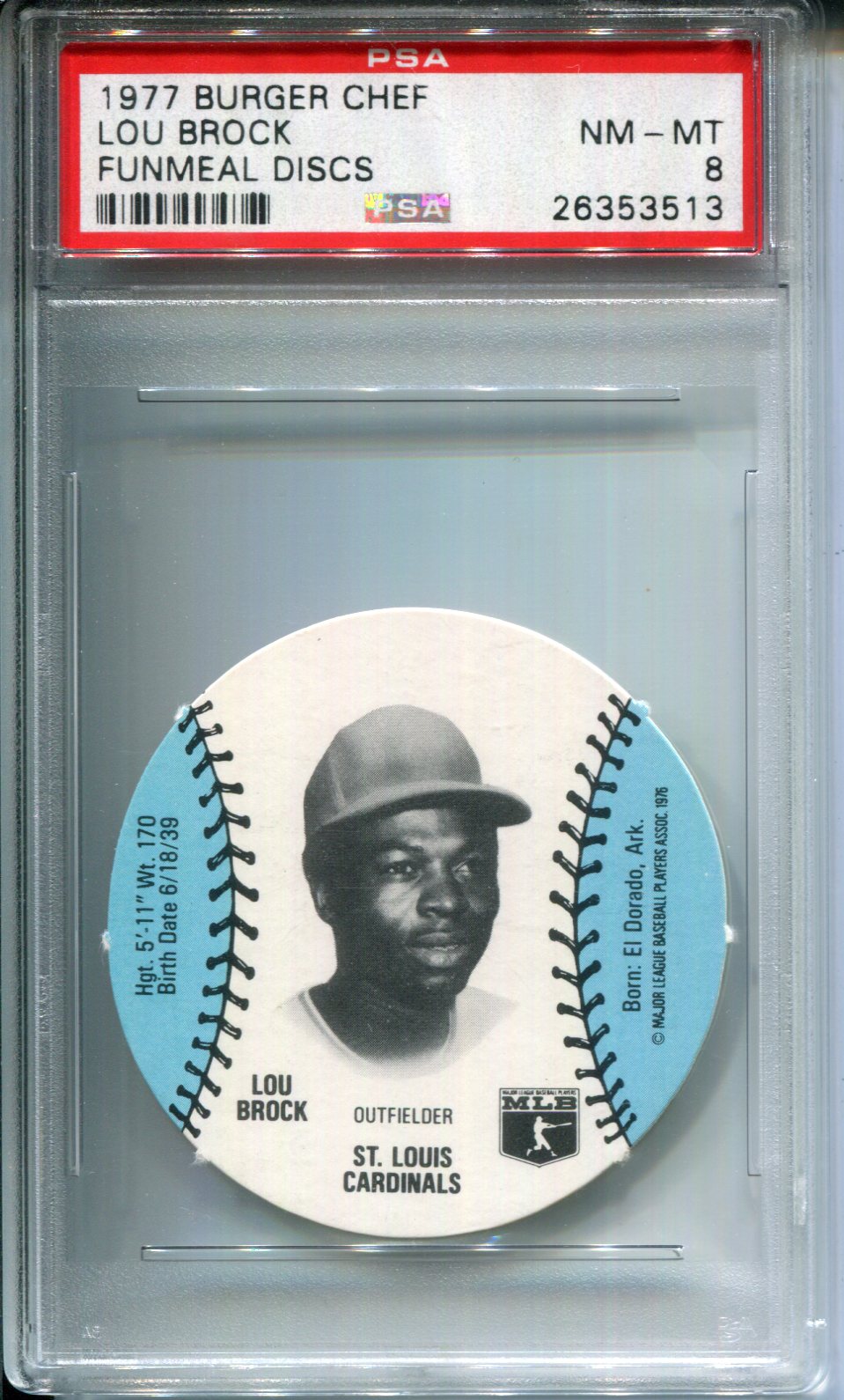 1977 Burger Chef Funmeal Discs Lou Brock Funmeal Discs PSA 8