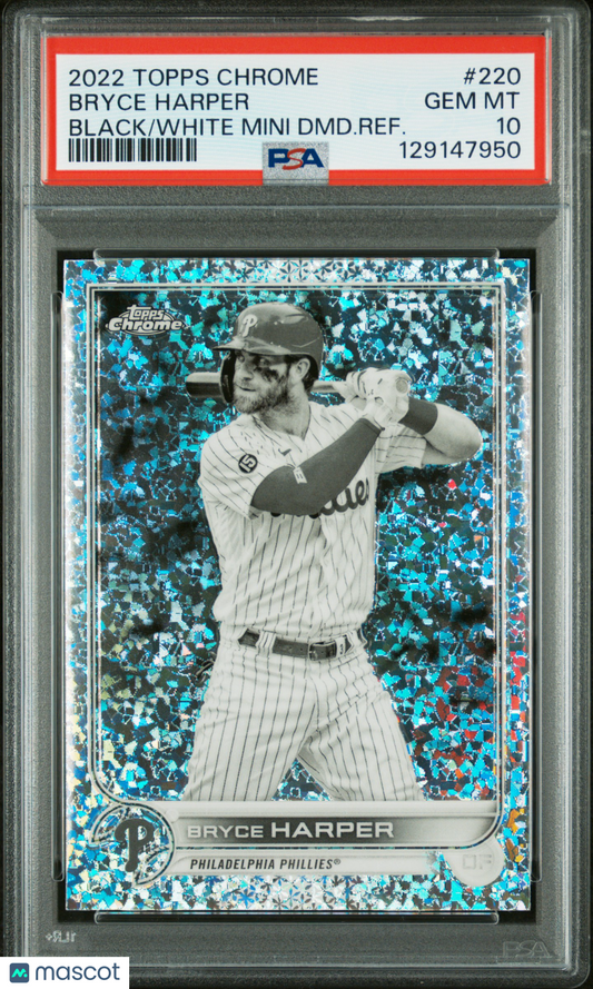 2022 Chrome Bryce Harper #220 Black White Mini DMD. Refractor PSA 10 low pop