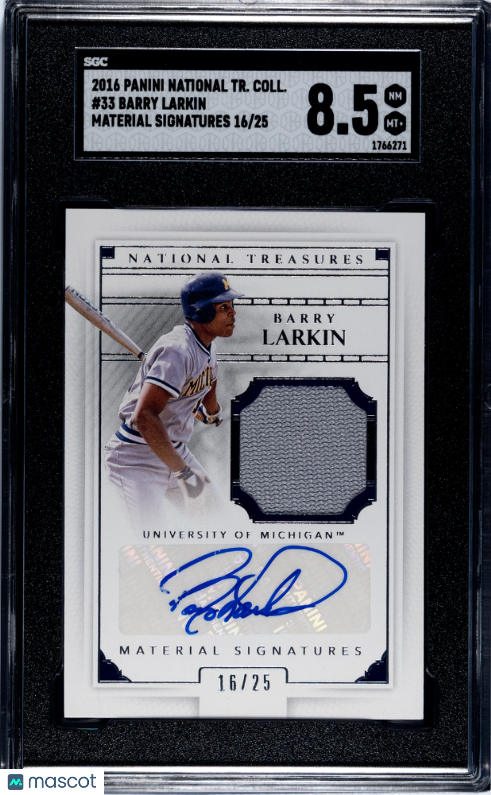 2016 National Treasures Collegiate Barry Larkin #33 Mat. Sigs. SGC 8.5 /25 POP 1