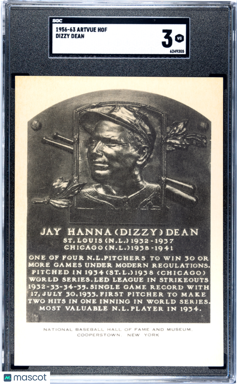 1956-63 Artvue Hof Jay Hanna (Dizzy) Dean SGC 3 POP 1 1 higher