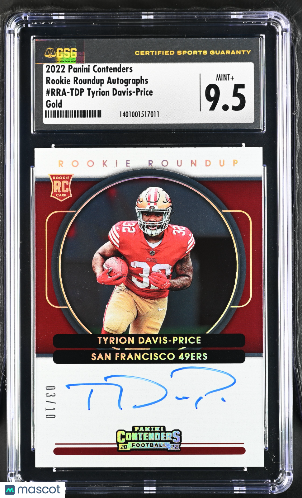 2022 Contenders Tyrion Davis-Price Gold Rookie Roundup Auto CGC 9.5 POP 1
