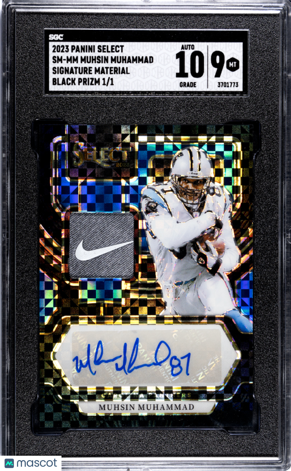 2023 Select Muhsin Muhammad AUTO Nike Logo Tag Patch Black Prizm #1/11 SGC 9