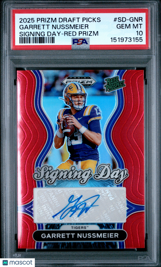 2025 Panini Prizm Draft Picks Signing Day Garrett Nussmeier Red PSA 10 pop 1