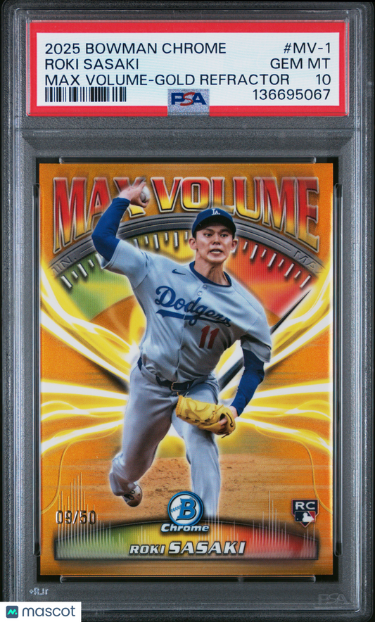 2025 Bowman Chrome Max Volume Roki Sasaki Gold Refractor 09/50 PSA 10 pop 3