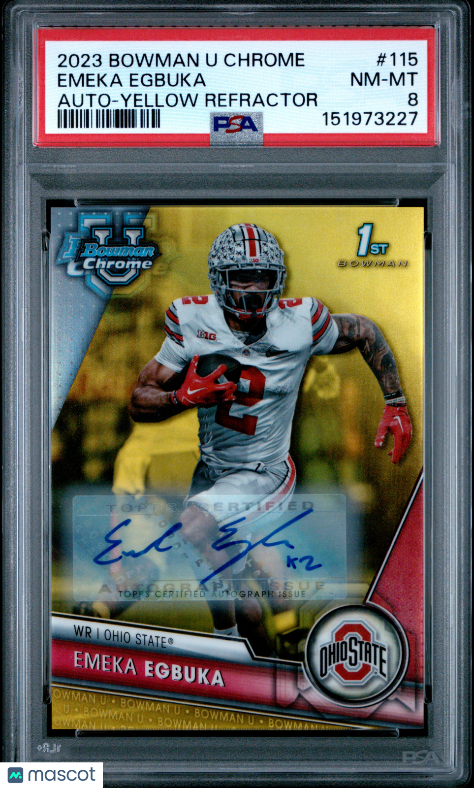 2023 Bowman University Chrome Emeka Egbuka #115 Auto Yellow Refractor #/75 PSA 8