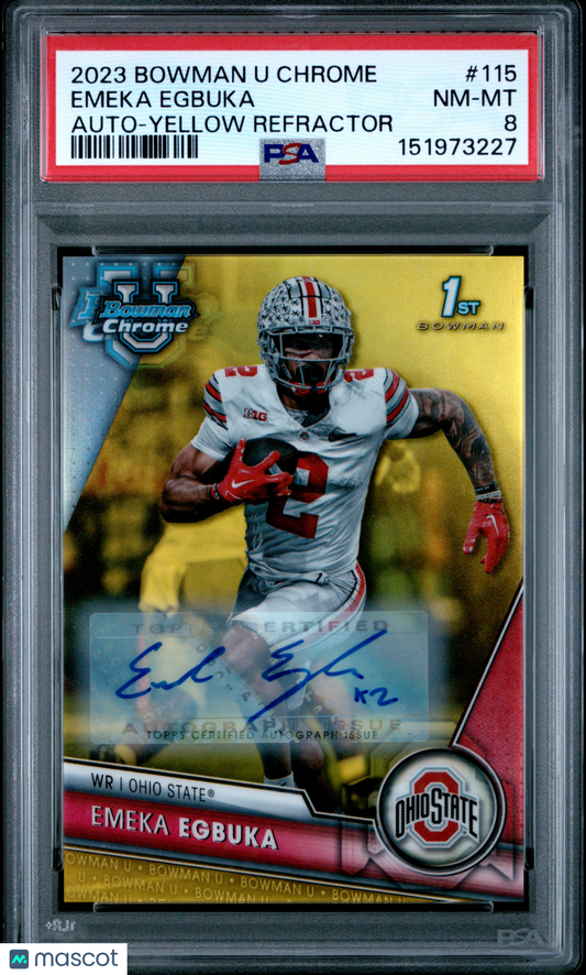 2023 Bowman University Chrome Emeka Egbuka #115 Auto Yellow Refractor #/75 PSA 8