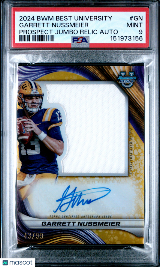 2024 Bowman University Prospect Jumbo Relic Auto Garrett Nussmeier /99 PSA 9