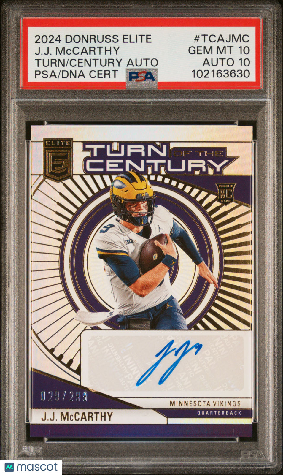 2024 Panini Donruss Elite Turn Of The Century JJ Mccarthy #29/299 PSA 10 AUTO 10