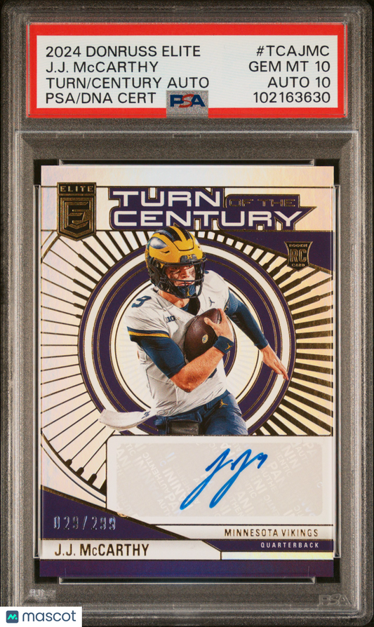 2024 Panini Donruss Elite Turn Of The Century JJ Mccarthy #29/299 PSA 10 AUTO 10