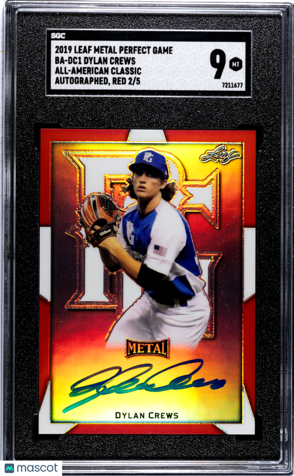 2019 Leaf Metal Perfect Game All-American Dylan Crews AUTO #/5 Red SGC 9 POP 1