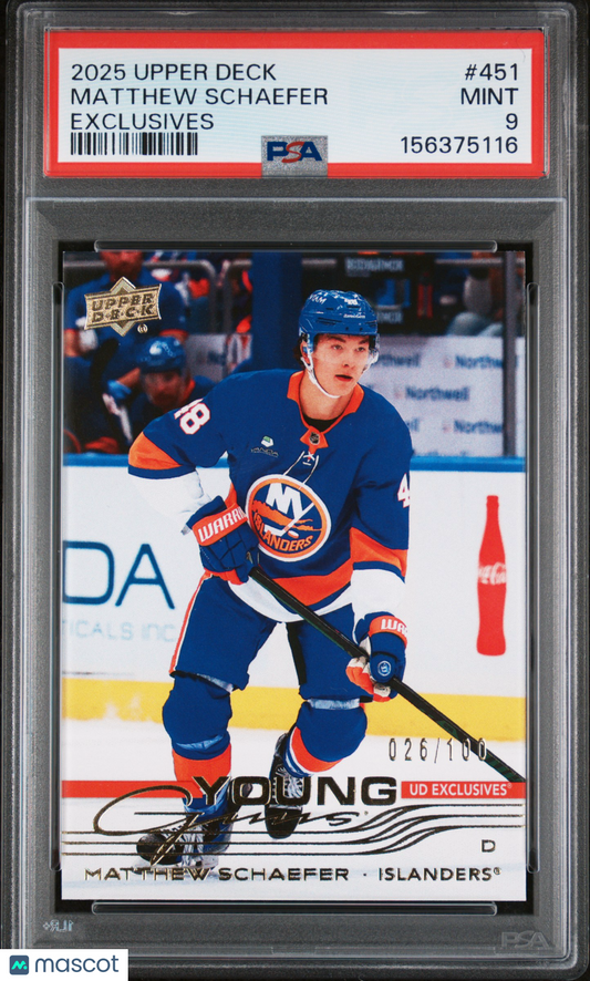 2025 Upper Deck Matthew Schaefer 451 YOUNG GUNS Exclusives #26/100 PSA 9 LOW POP