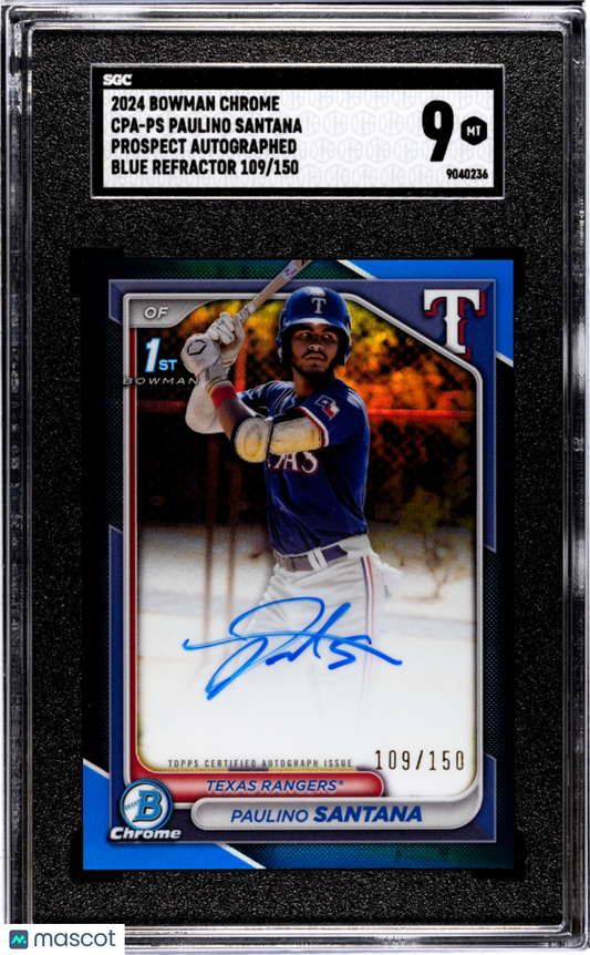 2024 Bowman Chrome Paulino Santana Pros. Autograph Blue Refractor SGC 9 /150