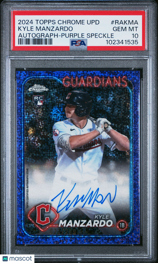 2024 Topps Chrome Update Chrome AUTO Kyle Manzardo #21/299 Purple Speckle PSA 10