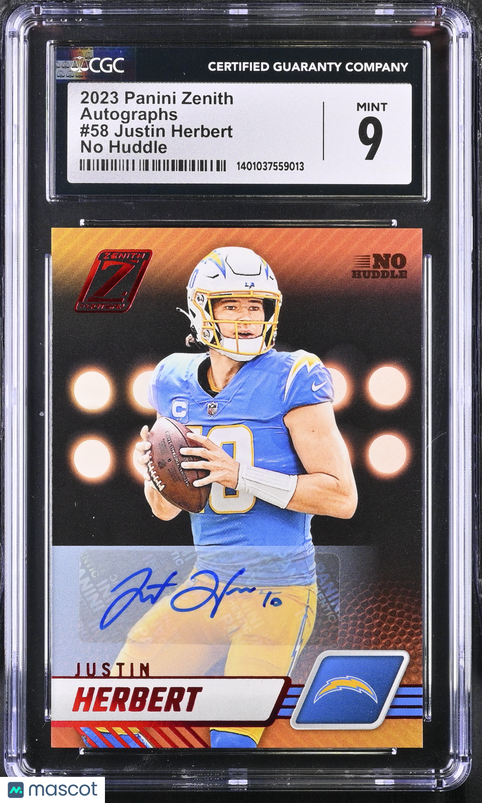 2023 Panini Zenith Justin Herbert #58 No Huddle Autographs CGC 9 POP 1