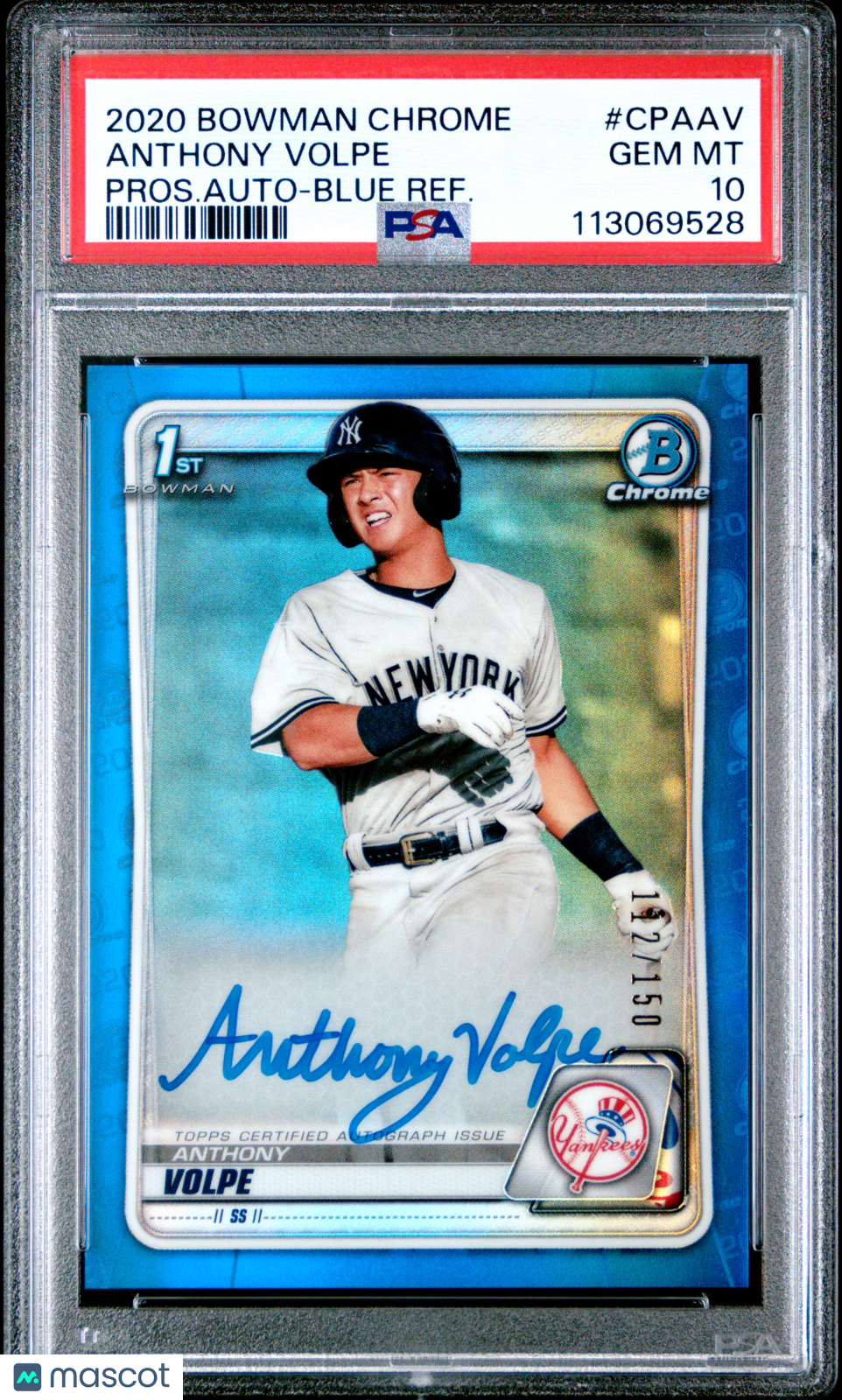 2020 Bowman Chrome Prospect AUTO Anthony Volpe #112/150 Blue Refractor PSA 10