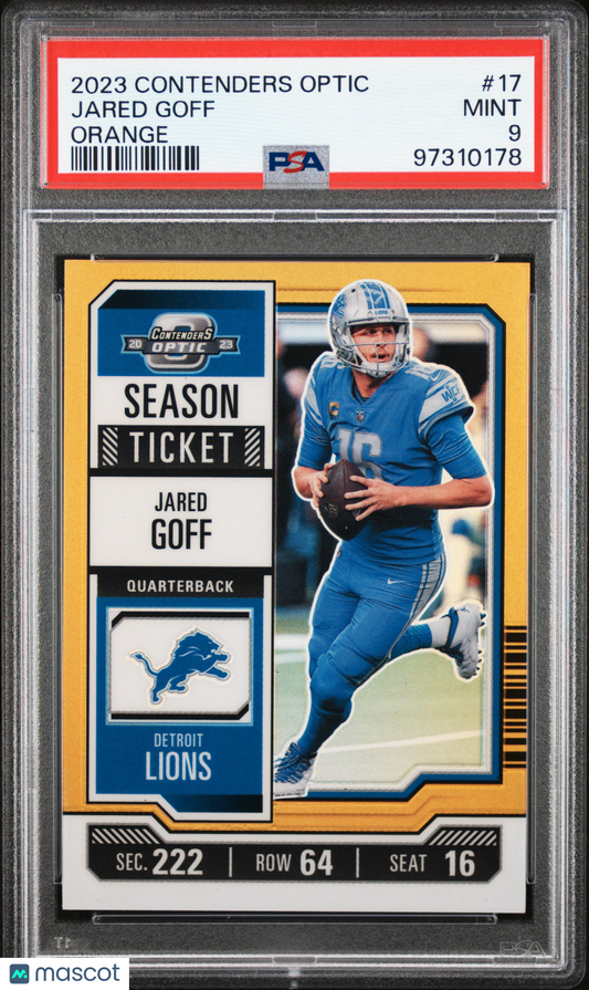 2023 Panini Contenders Optic Jared Goff #17 Orange #16/50 (Jersey Match) PSA 9
