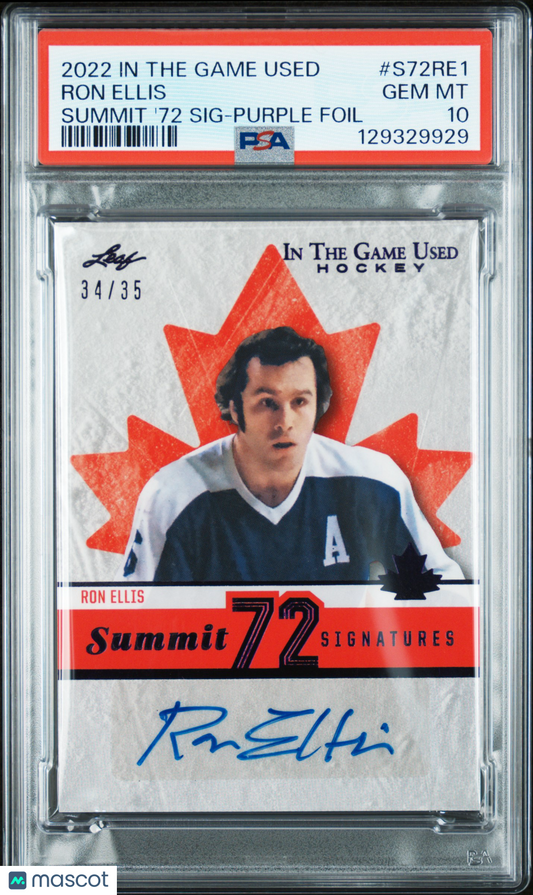 2022 In The Game Used Summit '72 Signatures Ron Ellis Purple Foil 34/35 PSA 10