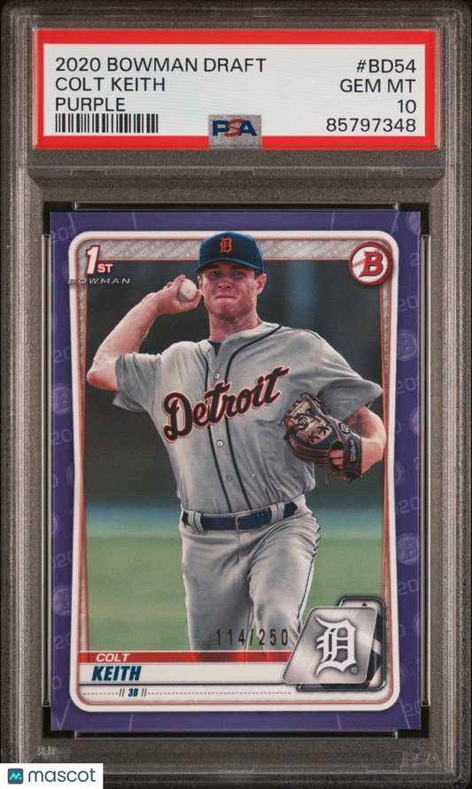 2020 Bowman Draft Colt Keith #BD54 Purple #114/250 PSA 10 POP 3