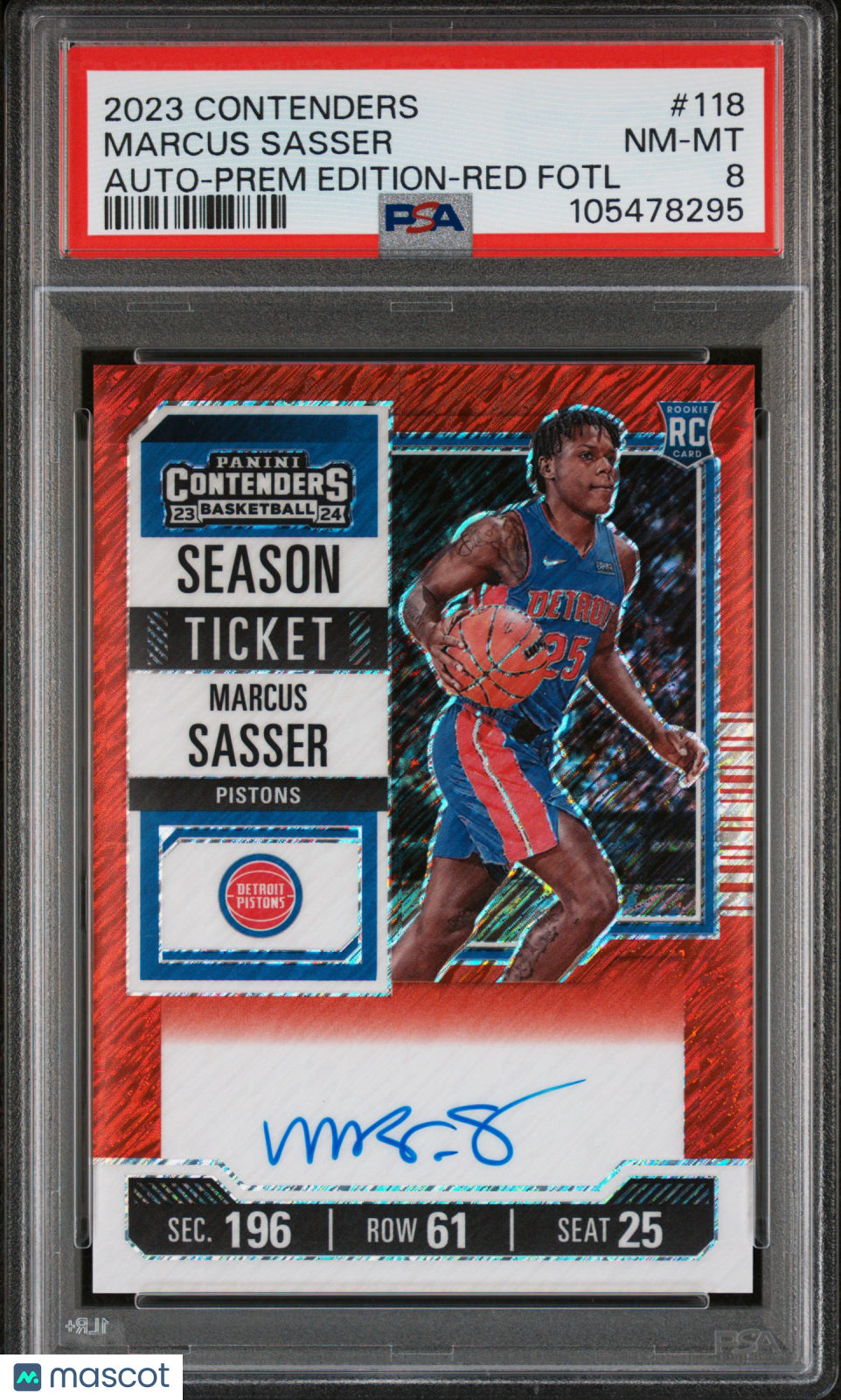 2023 Panini Contenders Marcus Sasser #118 Auto Prem Edition Red FOTL #3/5 PSA 8