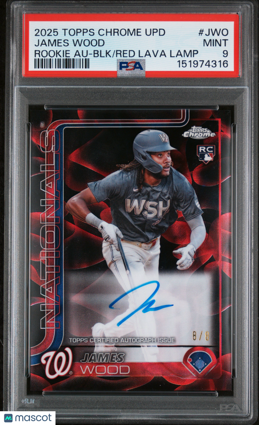 2025 Topps Chrome Rookie AUTO James Wood Black Red Lava Lamp #8/8 PSA 9 POP 1