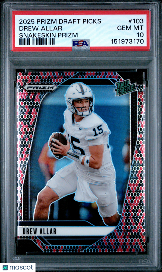 2025 Panini Prizm Draft Picks Drew Allar #103 Snakeskin PSA 10 POP 1 SP Steelers