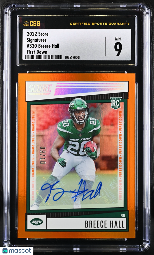 2022 Score Breece Hall #330 First Down Signatures CGC 9 auto  POP 1