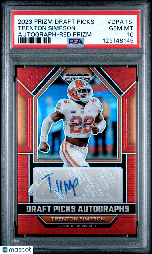 2023 Prizm Draft Picks Auto Trenton Simpson #DPATSI Red PSA 10 /99 pop 1