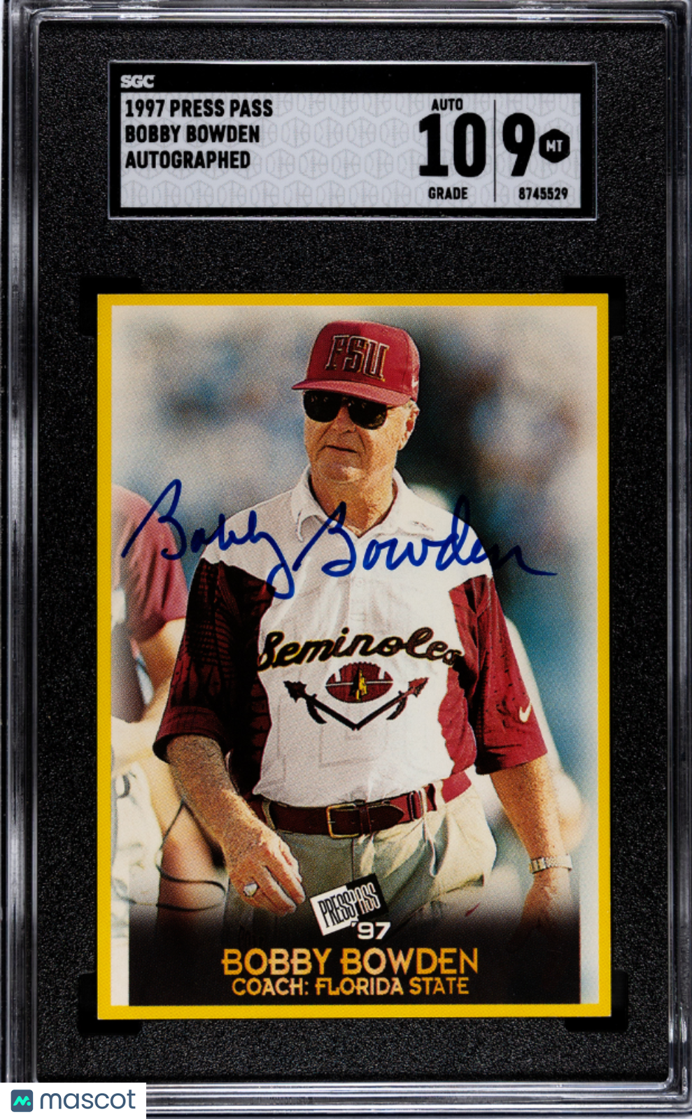 1997 Press Pass Bobby Bowden Autograph AUTO Florida State SGC 9 POP 1