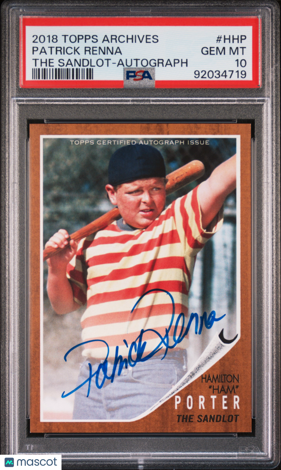 2018 Topps Archives The Sandlot Patrick Renna #HHP Autograph PSA 10 POP 5