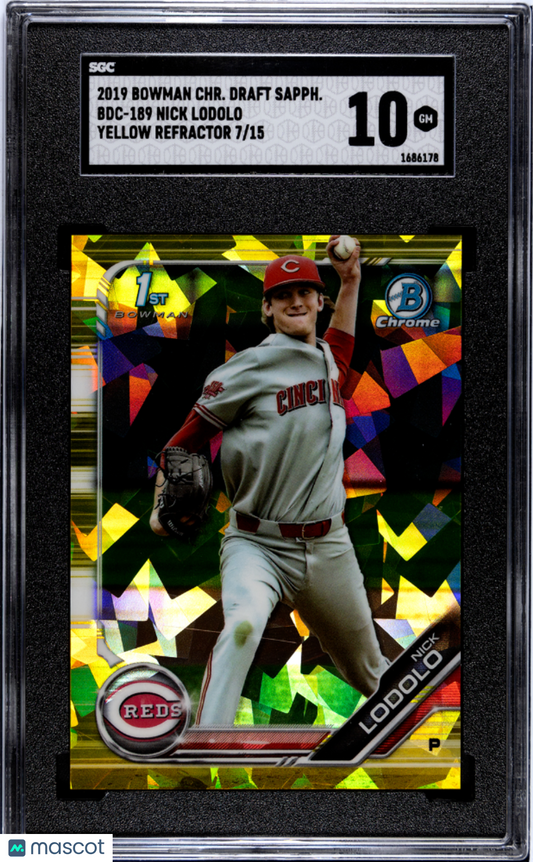 2019 Bowman Chrome Draft Sapphire Nick Lodolo Yellow Refractor SGC 10 POP 1